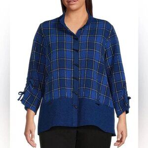 Ali Miles Tunic Top Women's Size 3X Blue Plaid 3/4 Sleeve Wire Collar